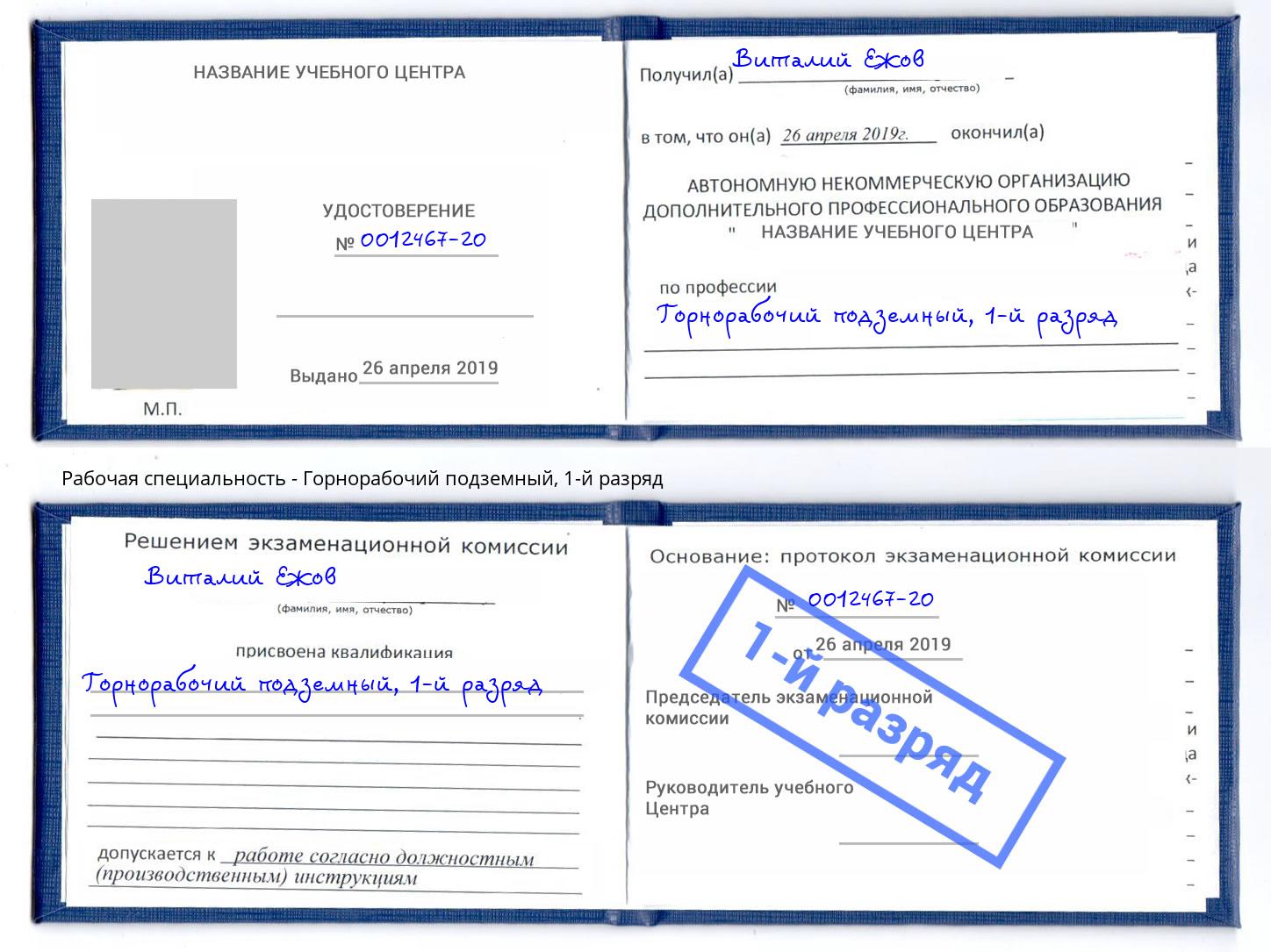 корочка 1-й разряд Горнорабочий подземный Ефремов