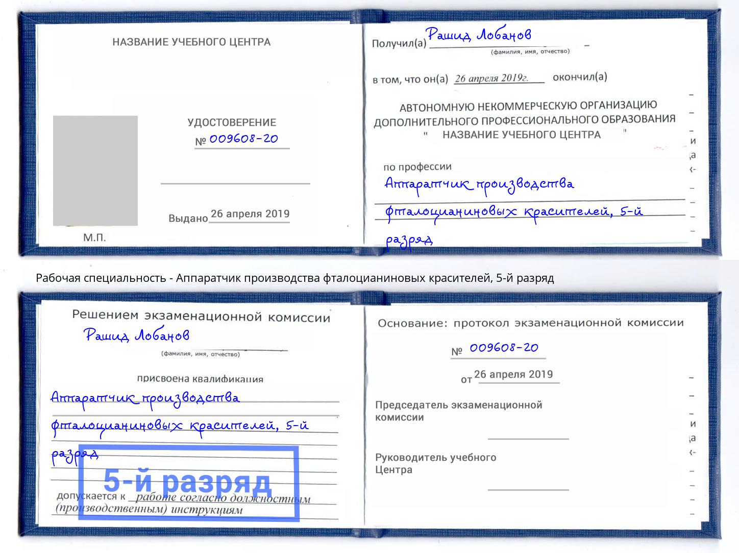 корочка 5-й разряд Аппаратчик производства фталоцианиновых красителей Ефремов