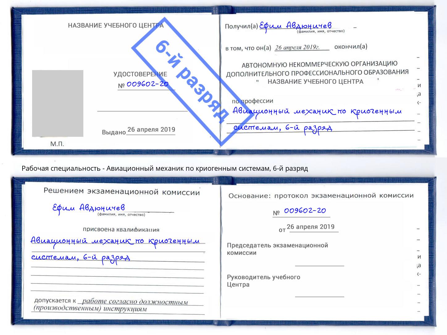 корочка 6-й разряд Авиационный механик по криогенным системам Ефремов