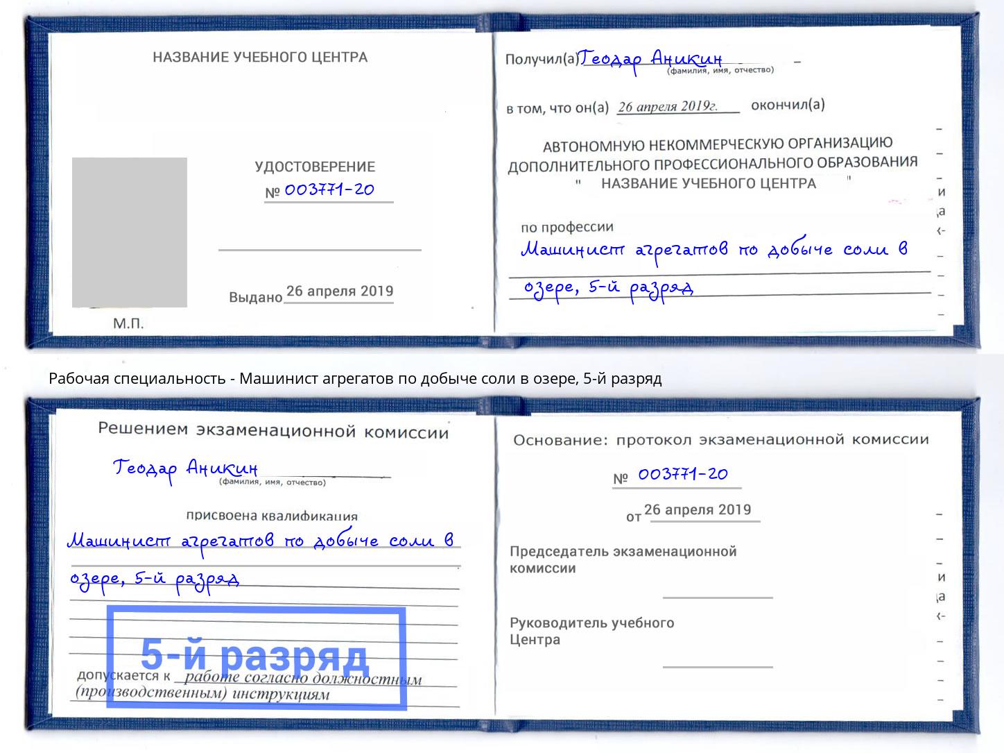 корочка 5-й разряд Машинист агрегатов по добыче соли в озере Ефремов