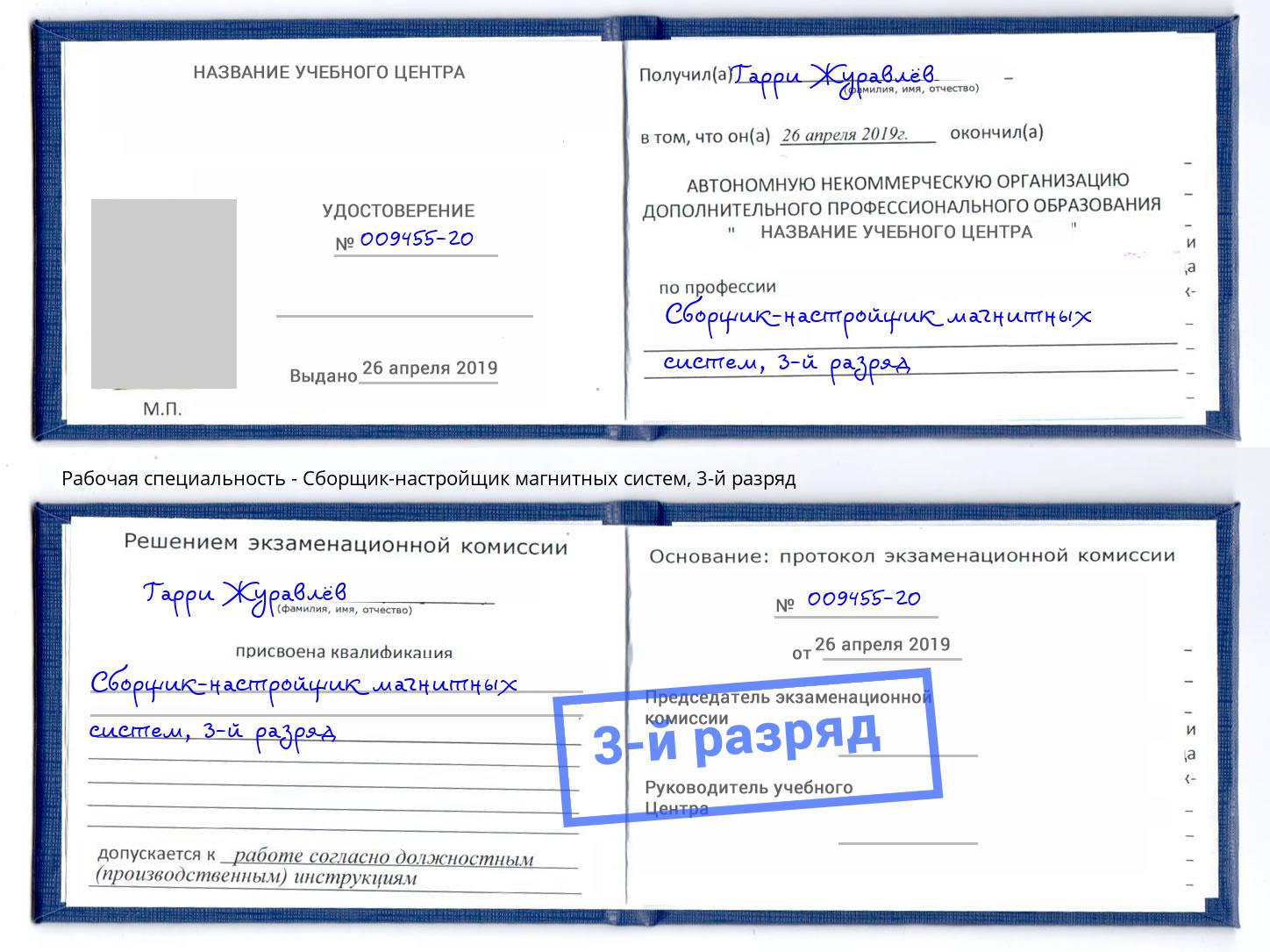 корочка 3-й разряд Сборщик-настройщик магнитных систем Ефремов