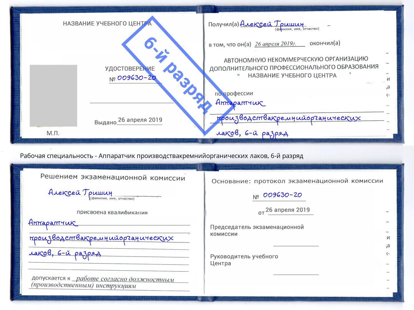 корочка 6-й разряд Аппаратчик производствакремнийорганических лаков Ефремов