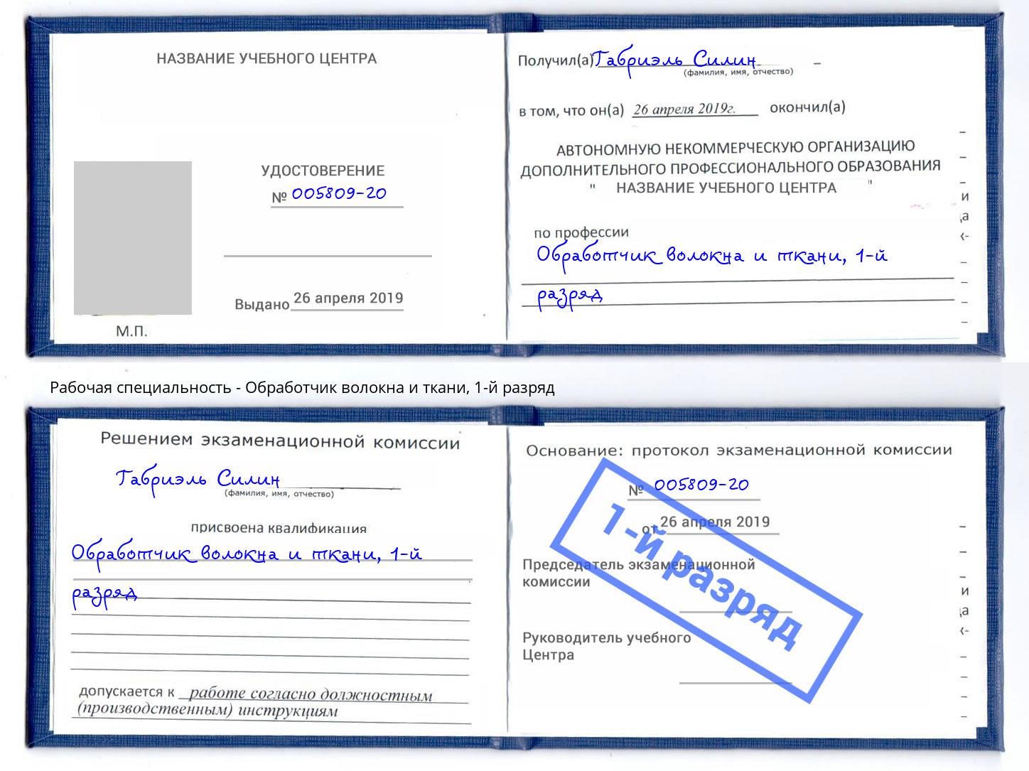 корочка 1-й разряд Обработчик волокна и ткани Ефремов