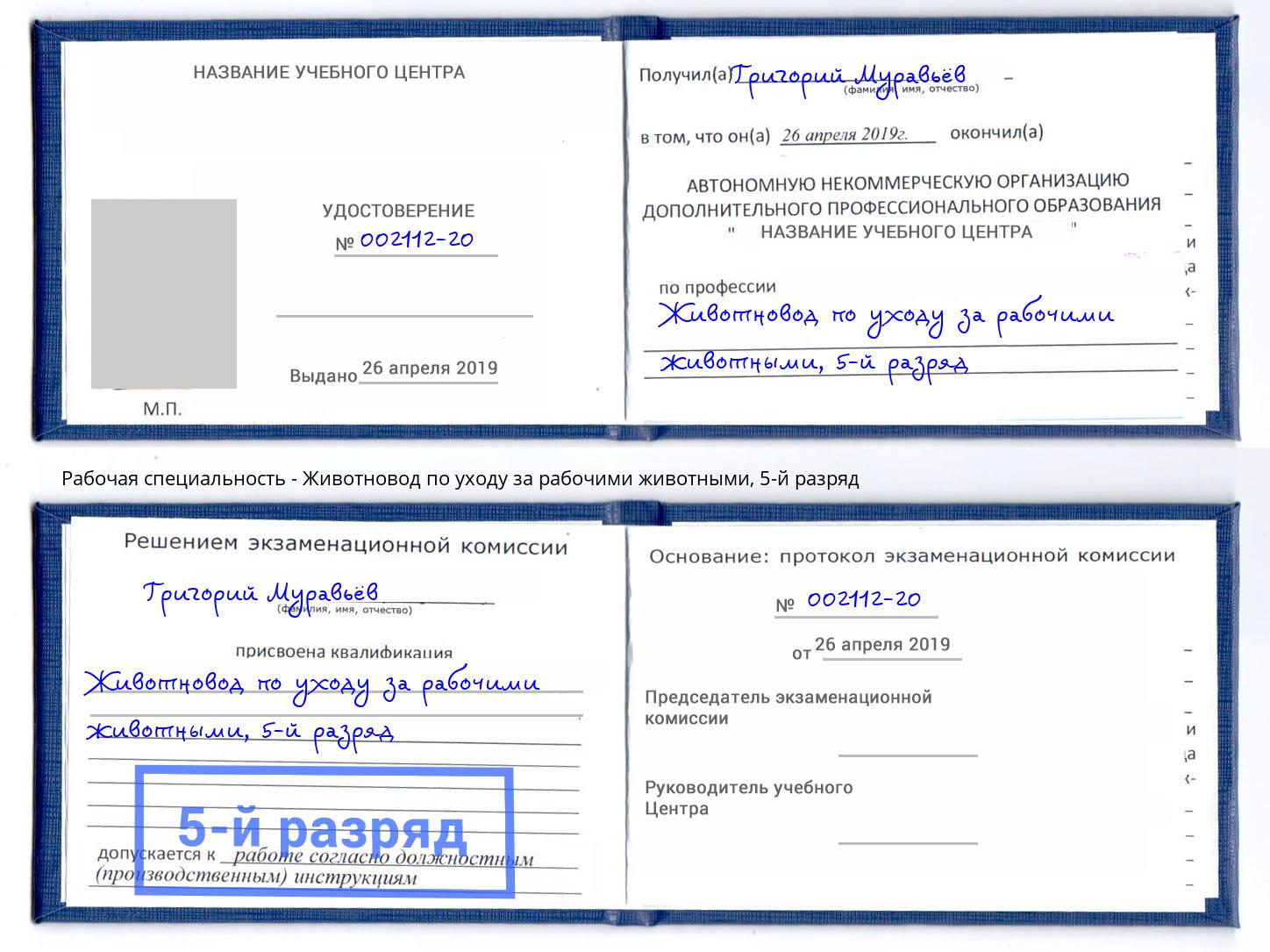 корочка 5-й разряд Животновод по уходу за рабочими животными Ефремов