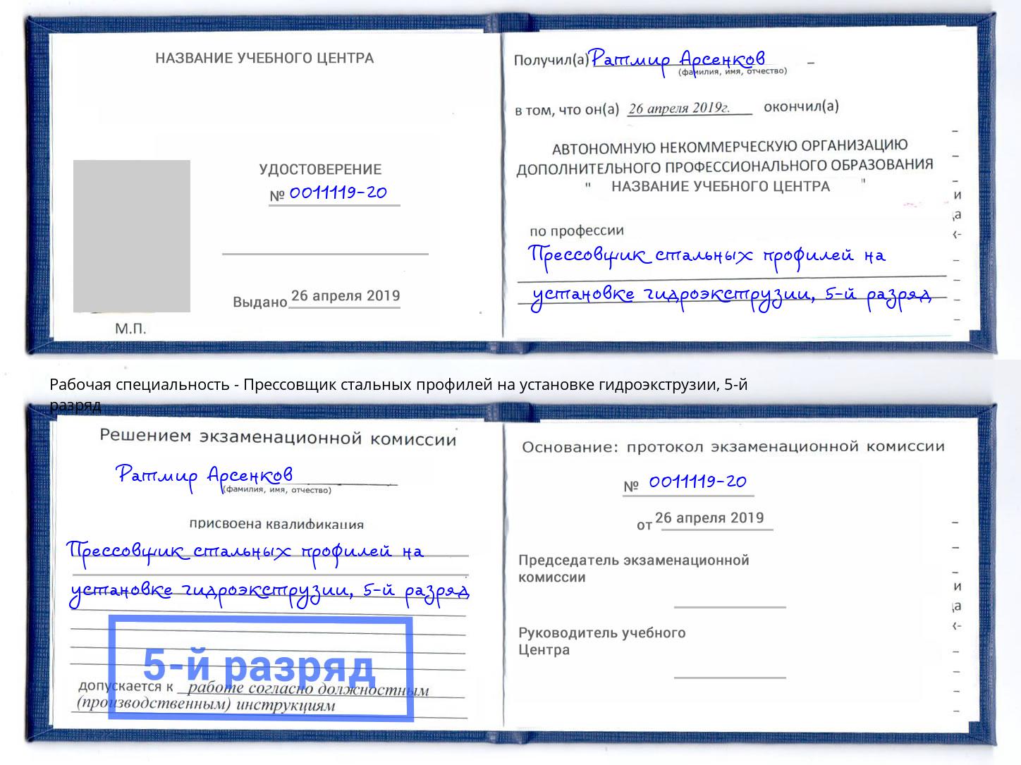 корочка 5-й разряд Прессовщик стальных профилей на установке гидроэкструзии Ефремов