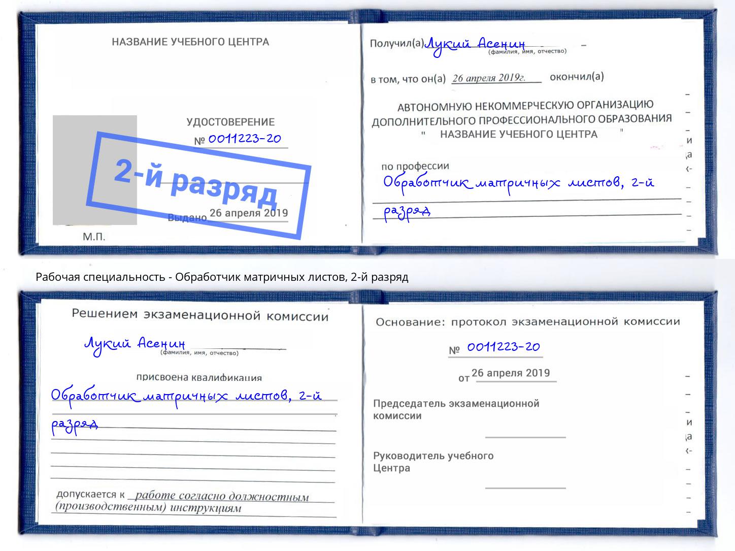 корочка 2-й разряд Обработчик матричных листов Ефремов