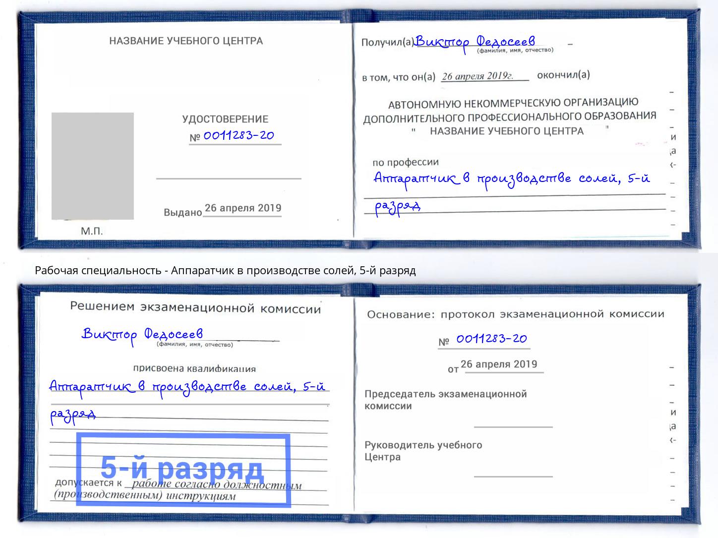 корочка 5-й разряд Аппаратчик в производстве солей Ефремов