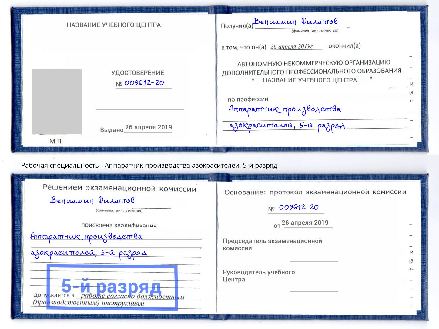 корочка 5-й разряд Аппаратчик производства азокрасителей Ефремов