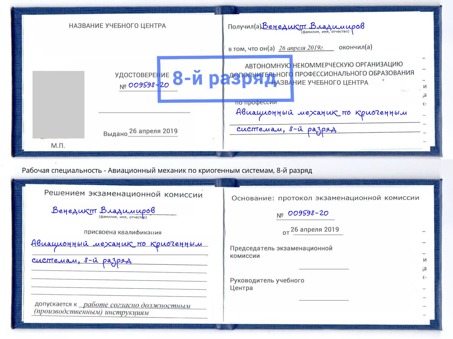 корочка 8-й разряд Авиационный механик по криогенным системам Ефремов